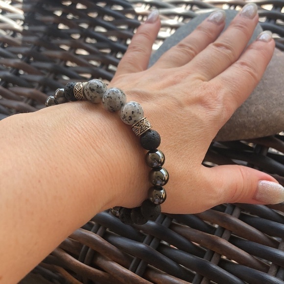 Handmade stretch bracelet,sesame Jasper beads,lava beads and hematite, size S/M - Picture 1 of 10